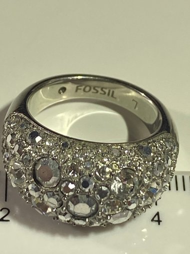 Silver tone Pave sparkly crystals Fossil band statement ring.