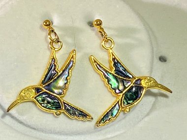 Gold and blue enameled Butler signed Fifth Avenue Collection Hummingbirds dangling earrings