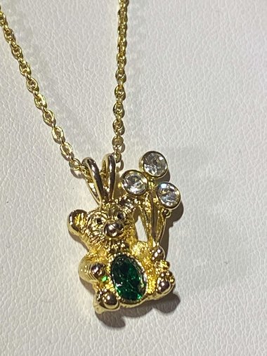 Extremely cute May green birth stone teddy bear holding crystal balloons gold tone pendant with necklace
