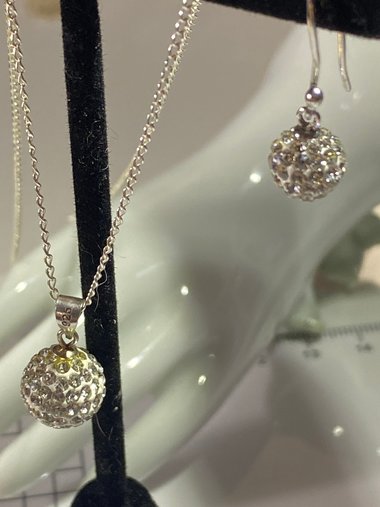 Sterling silver crystal Golf ball pave pendant and dangling earrings gift set