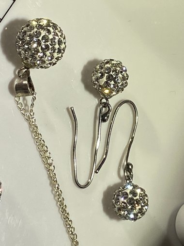 Sterling silver crystal Golf ball pave pendant and dangling earrings gift set