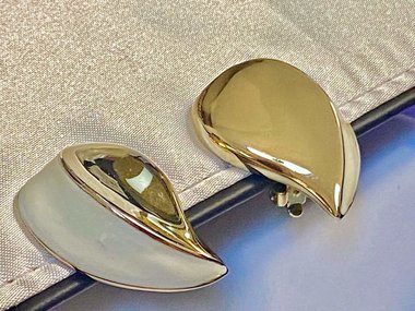 Vintage Gold and white enamel two tone Givenchy teardrop clip-on earrings