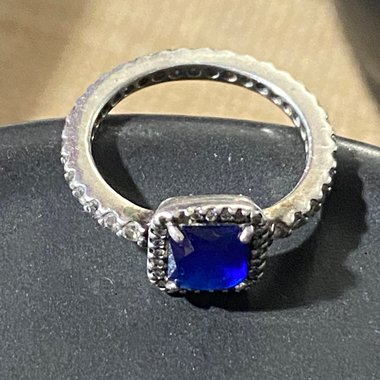 Authentic Pandora blue sapphire square clear zirconia halo ring