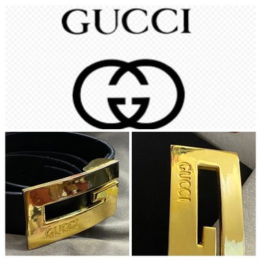 Gold buckle Gucci on black leather belt - Vintage 1990s size small