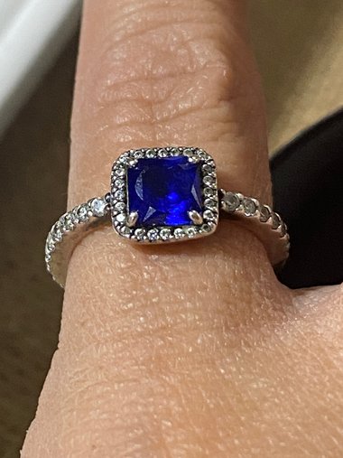 Authentic Pandora blue sapphire square clear zirconia halo ring