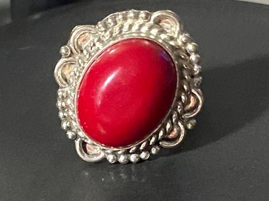Large 925 Oval Red coral Art Nouveau statement ring