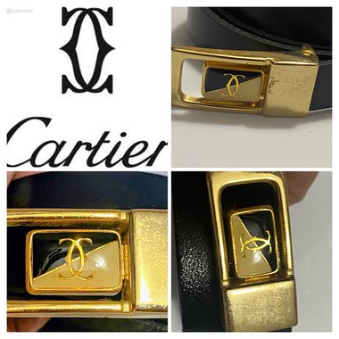 Vintage Two Tone Thin Cartier Logo Belt Buckle on black leather belt